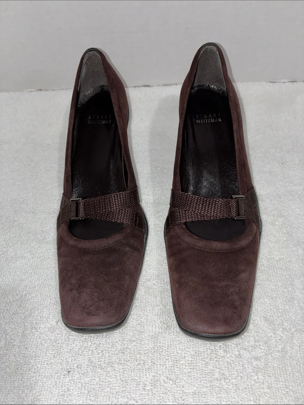 Stuart Weitzman Dark Brown Suede Mid Heel Pumps with Sling Accent